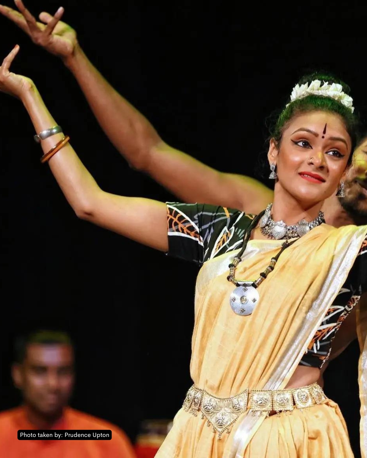 Performance photo from Bhoomi at the Sacred Music Festival 2019 — Kersh in traditional Bharatanatyam costume, reverent stage composition.